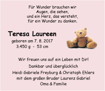 Babyanzeige von Teresa Laureen  von Nordwest-Zeitung