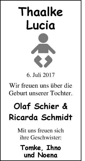 Babyanzeige von Thaalke Lucia  von Nordwest-Zeitung