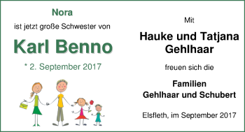 Babyanzeige von Benno Gehlhaar von Nordwest-Zeitung