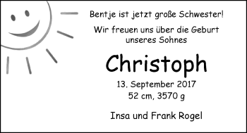 Babyanzeige von Christoph Rogel von Nordwest-Zeitung