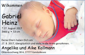 Babyanzeige von Gabriel Heinz Kollmann von Nordwest-Zeitung