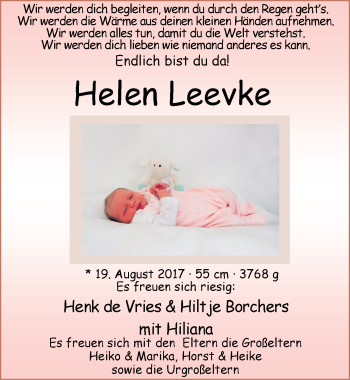 Babyanzeige von Helen Leevke  von Nordwest-Zeitung