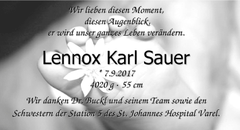 Babyanzeige von Lennox Karl Sauer Sauer von Nordwest-Zeitung