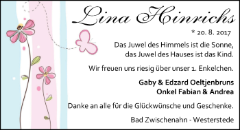 Babyanzeige von Lina Hinrichs von Nordwest-Zeitung