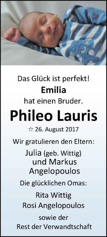 Babyanzeige von Phileo Lauris Angelopoulos von Nordwest-Zeitung
