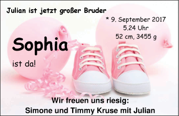 Babyanzeige von Sophia Kruse von Nordwest-Zeitung