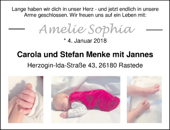 Babyanzeige von Amelie Sophia Menke von Nordwest-Zeitung