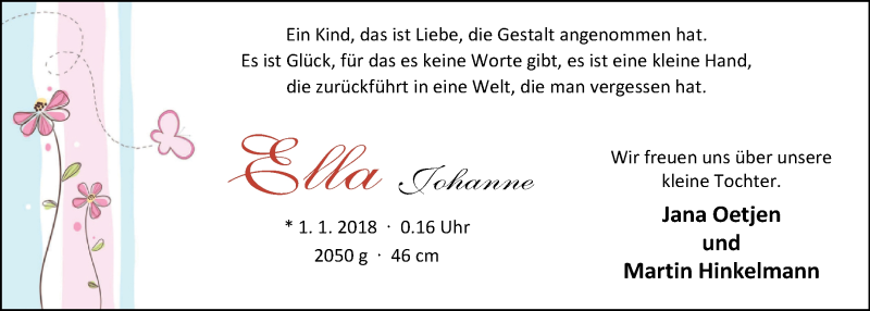 Anzeige für Ella Johanne  vom 13.01.2018 aus Nordwest-Zeitung