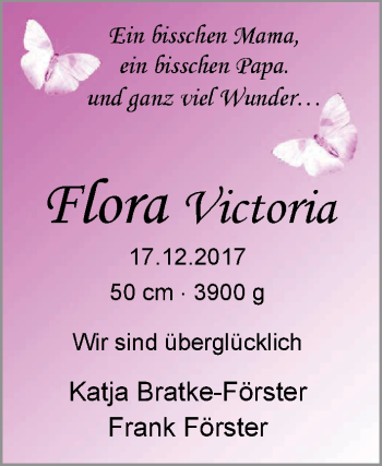 Babyanzeige von Flora Victoria Förster von Nordwest-Zeitung