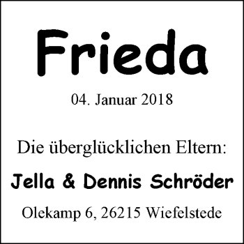 Babyanzeige von Frieda Schröder von Nordwest-Zeitung