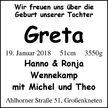Babyanzeige von Greta Wennekamp von Nordwest-Zeitung