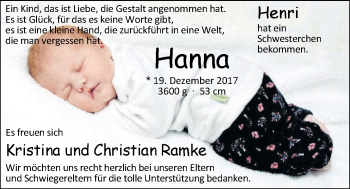 Babyanzeige von Hanna Ramke von Nordwest-Zeitung