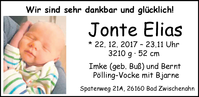 Anzeige für Jonte Elias Pölling-Vocke vom 06.01.2018 aus Nordwest-Zeitung