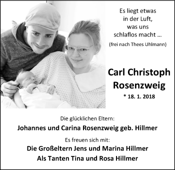Babyanzeige von Karl Christoph Rosenzweig von Nordwest-Zeitung
