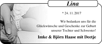Babyanzeige von Lina Haase von Nordwest-Zeitung