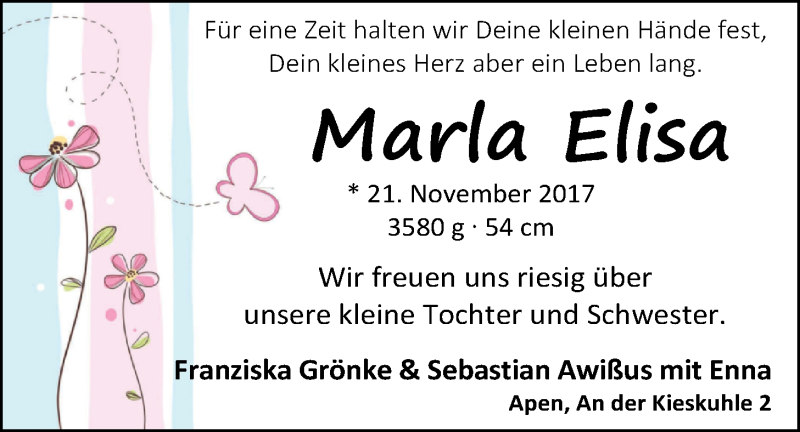 Anzeige für Marla Elisa  vom 13.01.2018 aus Nordwest-Zeitung