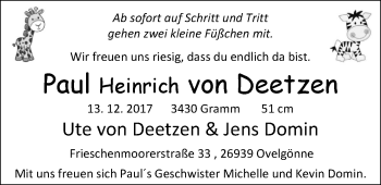 Babyanzeige von Paul  von Deetzen von Nordwest-Zeitung