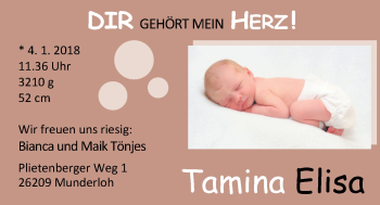 Babyanzeige von Tamina Elisa Tönjes von Nordwest-Zeitung