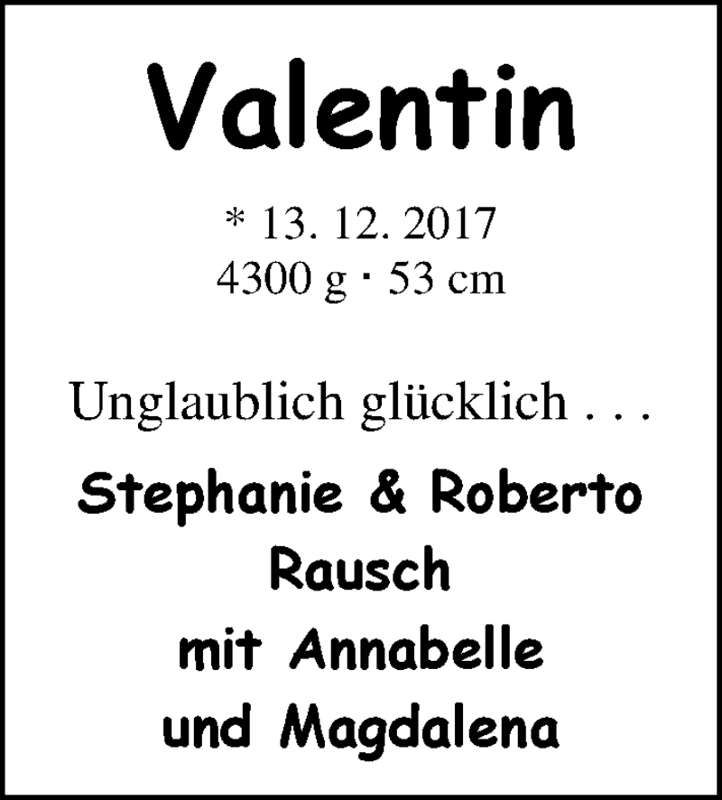 Anzeige für Valentin  vom 13.01.2018 aus Nordwest-Zeitung