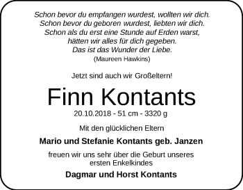 Babyanzeige von Finn Kontants von Nordwest-Zeitung