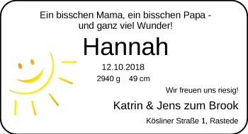 Babyanzeige von Hannah zum Brook von Nordwest-Zeitung