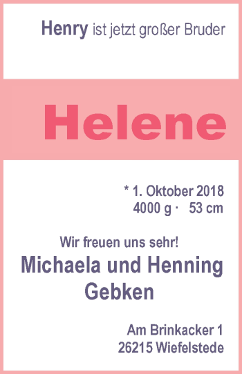Babyanzeige von Helene Gebken von Nordwest-Zeitung
