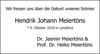 Babyanzeige von Hendrik Johann Meiertöns von Nordwest-Zeitung