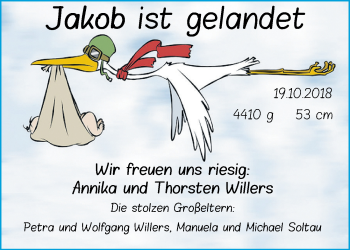 Babyanzeige von Jakob Willers von Nordwest-Zeitung