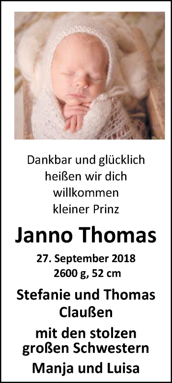 Babyanzeige von Janno Thomas ClauÃ?en von Nordwest-Zeitung