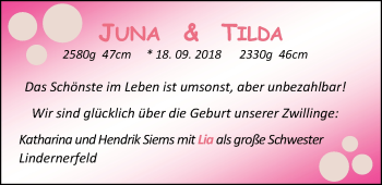 Babyanzeige von Juna Siems von Nordwest-Zeitung