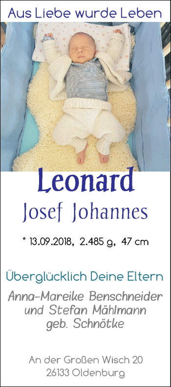 Babyanzeige von Leonard Josef Johannes Benschneider von Nordwest-Zeitung