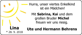 Babyanzeige von Lina  von Nordwest-Zeitung