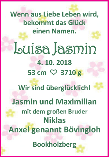 Babyanzeige von Luisa Jasmin BÃ¶vingloh von Nordwest-Zeitung