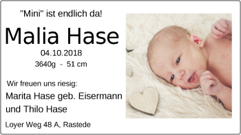 Babyanzeige von Malia Hase von Nordwest-Zeitung