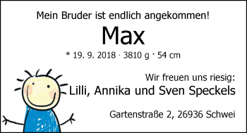 Babyanzeige von Max Speckels von Nordwest-Zeitung