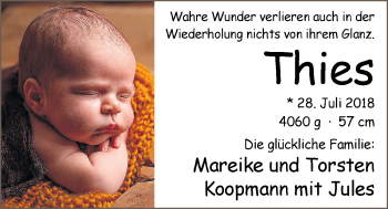 Babyanzeige von Thies Koppmann von Nordwest-Zeitung