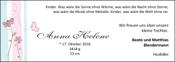 Babyanzeige von Anna Helene Blendermann von Nordwest-Zeitung