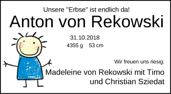 Babyanzeige von Anton von Rekowski von Nordwest-Zeitung