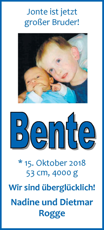 Babyanzeige von Bente Rogge von Nordwest-Zeitung
