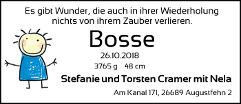 Babyanzeige von Bosse Cramer von Nordwest-Zeitung