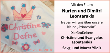 Babyanzeige von Christine Defne Leontarakis von Nordwest-Zeitung