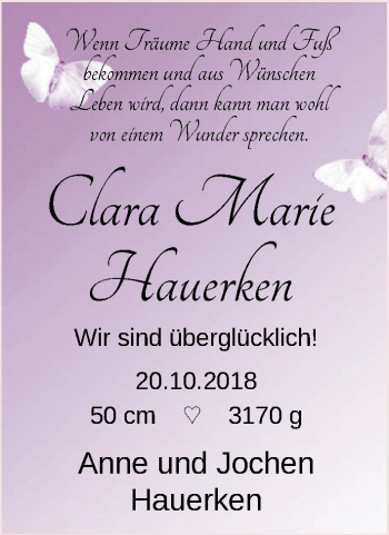 Babyanzeige von Clara Marie Hauerken von Nordwest-Zeitung