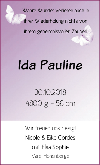 Babyanzeige von Ida Pauline Cordes von Nordwest-Zeitung