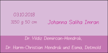 Babyanzeige von Johanna Saliha Imran Mendrok von Nordwest-Zeitung