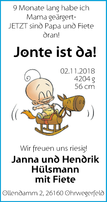 Babyanzeige von Jonte Hülsmann von Nordwest-Zeitung