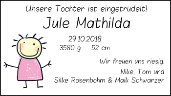 Babyanzeige von Jule Mathilda Rosenbohm von Nordwest-Zeitung