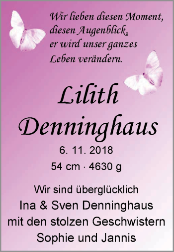Babyanzeige von Lilith Denninghaus von Nordwest-Zeitung