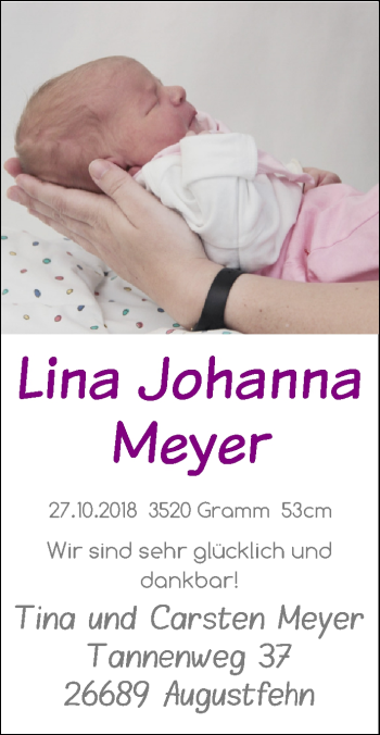 Babyanzeige von Lina Johanna Meyer von Nordwest-Zeitung