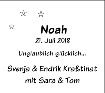 Babyanzeige von Noah Kraßtinat von Nordwest-Zeitung