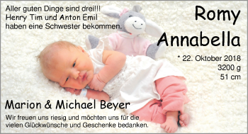 Babyanzeige von Romy Annabella Beyer von Nordwest-Zeitung